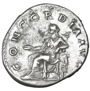 reverse: Sabina. Augusta, A.D. 128-136/7. AR denarius. 3.40 gr. – 19.1 mm. Rome, under Hadrian, ca. A.D. 134-136/7. O:\ SABINA AVGVSTA, diademed and draped bust of Sabina right. R:\ CONCOR-DIA AVG, Concordia seated left, holding patera and scepter. RIC 391; BMC 932; RSC 24. XF\UNC