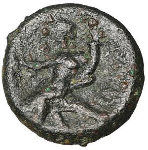 reverse: CALABRIA, Tarentum. 275-200 BC. Bronze. Æ 2.75 gr. – 14.4 mm. O:\ Cockle shell. R:\ Phalanthos on dolphin left, holding kantharos and cornucopia. Vlasto 1824; HN Italy 1087. Scarce. VF\XF
