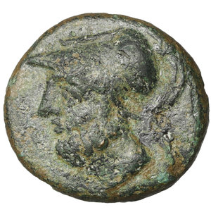 obverse: Lucania. Metapontion. 300-250 BC. Bronze. AE4.25 gr. – 16.4 mm. O:\ Head of Leukippos l., wearing crested Corinthian helmet. R:\ META, Demeter standing facing, head r., l. hand on hip, holding long cross-torch in r. HNItaly 1702; SNG Copenhagen 1249; SNG ANS 561var. VF\XF