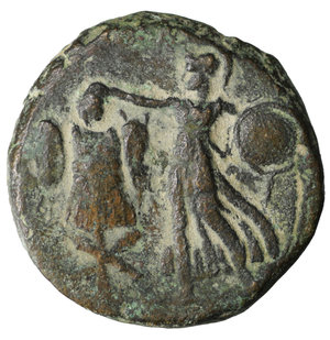 reverse: JUDAEA CAPTA. CAESAREA MARITIMA MINT. Domitian struck 83 AD. AE22. 9,40 gr. - 21,56 mm. O:\ DOMITIANVS CAES AVG GERMANICVS; laureate head of Domitian to left. R:\ Minerva in flowing gown advances left, holding trophy in right handand shield and spear in left. Sandy patina. VF\XF. RARE. Hendin 1455 