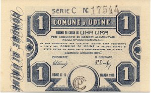 obverse: ITALIA - 1 LIRA COMUNE DI UDINE 1918