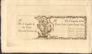 obverse: Regno di Sardegna. Regie Finanze. 100 Lire 01/01/1765. 4° Tipo Gav. 28. R3. FDS. Non emessa