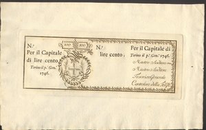 obverse: Regno di Sardegna. Regie Finanze. 100 Lire 01/01/1746 - 1° tipo Gav. 23. R3. FDS. Non emessa