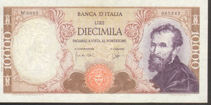 obverse: Repubblica Italiana. 10000 Lire Michelangelo 03/07/1962 Alfa 850sp; Lireuro 74. Serie Aa. Sostitutiva da W1 a W196. SPL. Rara