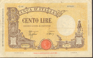 obverse: Vittorio Emanuele III. 100 Lire Barbetti 09/12/1942 Fascio. Alfa 370; Lireuro 21A Azzolini/Urbini. BB\SPL