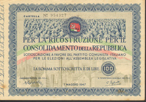 obverse: 100 Lire Prestito per il Partito comunista 1 Maggio 1947. SPL