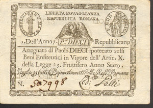 obverse: Stato Pontificio Repubblica Romana. 10 paoli 1798 Anno VII. Gav.68. Galli (retro cerchio). BB\SPL