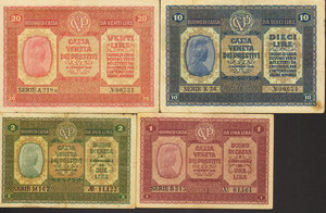 obverse: Cassa Veneta dei Prestiti (1918) - Serie 02/01/1918 - Lotto di 4 biglietti. 20,10, 2, 1 Lire. Gav. 33. 