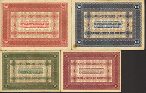 reverse: Cassa Veneta dei Prestiti (1918) - Serie 02/01/1918 - Lotto di 4 biglietti. 20,10, 2, 1 Lire. Gav. 33. 