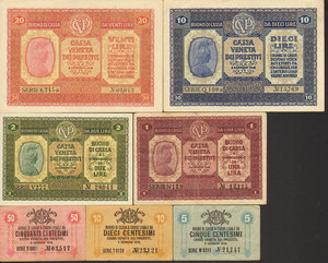 obverse: Cassa Veneta dei Prestiti (1918) - Serie 02/01/1918 - Lotto di 7 biglietti. 20,10, 2, 1 Lire, 50, 10, 5 centesimi. Gav. 27-33