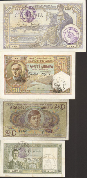 obverse: Montenegro Timbro verificato (1941). Lotto di 4 biglietti. 100, 50, 20,10 Dinari 01/12/1929 Gav. 176. Non comuni