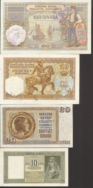 reverse: Montenegro Timbro verificato (1941). Lotto di 4 biglietti. 100, 50, 20,10 Dinari 01/12/1929 Gav. 176. Non comuni