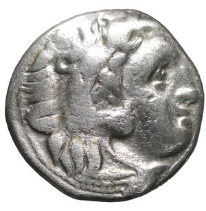 obverse: KINGS of MACEDON. Antigonos I Monophthalmos. As Strategos of Asia, 320-306/5 BC, or king, 306/5-301 BC. AR Drachm. Kolophon mint. 17 mm - 4,28 gr. In the name and types of Alexander III. Struck circa 310-301 BC. O:\ Head of Herakles right, wearing lion skin. R:\ Zeus Aëtophoros seated left; in left field, crescent leftward; below throne, Π below strut. Price 1813. VF\XF