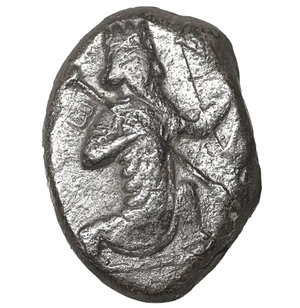 obverse: Persia, Achaemenid Empire, Siglos, Time of Artaxerxes I to Xerxes II. 445-420 BC. AR 5.25 gr. – 17.1 mm. O:\ Persian king knelling-running r., holding bow, R:\ Incuse punch. Carradice type IV A. Cabinet tone. aXF