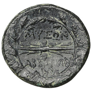 reverse: PHRYGIA, Abbaitis. 2nd-1st century BC. Bronze. Æ 7.85 gr. – 21.7 mm. O:\ Laureate head of Zeus right. R:\ Winged thunderbolt; MYΣΩN-ABBAITΩN above and below winged thunderbolt, all within wreath. MYHN monogram below. BMC 4. Rare. XF+