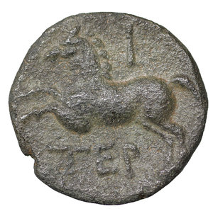 reverse: Pisidia. Termessos Major circa 100-0 BC. Dated CY 35=38 BC. Bronze. 3.15 gr. – 16.23 mm. O:\ Laureate head of Zeus right. R:\ TEP, forepart of horse left, ΛΕ (?) above, thunderbolt behind. SNG France 2131 var; SNG von Auloc. XF
