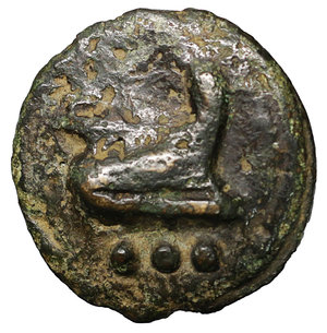 reverse: Roman Republic. Anonymous. 225-217 BC. AE Aes Grave Quadrans. 64.28 gr. – 41.5 mm. O:\ Head of Hercules left in lionskin, three dots behind; all on raised disk. R:\ Prow of galley right, three dots below; all on raised disk. Vecchi 80; HN Italy 340; Crawford 35/4; Sear 582. Rare. XF