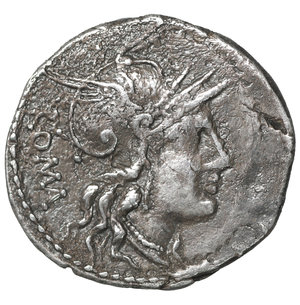 obverse: M Tullius Denarius. 119 BC. 360 gr. – 20.9 mm. O:\ Helmeted head of Roma right, ROMA behind. R:\ Victory in quadriga right, wreath above, X below; M TVLLI in ex. Cr280/1, Syd 531, BMCRR (Italy) 502. Scarce. VF+