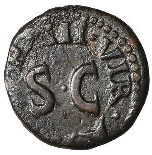 reverse: Augustus AE Quadrans. Rome, 9 BC. Moneyers Lamia, Silius and Annius. 14 mm - 3,11 gr. O:\ LAMIA SILIVS ANNIVS, Simpulum to right on left, lituus to left on right IIIVIR AAAFF around SC, both sides within dotted borders. RIC I, 421. Rare. XF