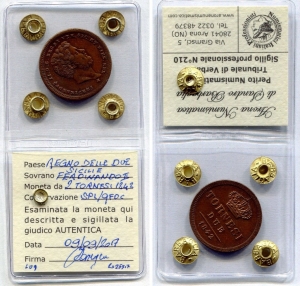 obverse: NAPOLI. Ferdinando II di Borbone(1830-1859).  Due Tornesi 1842. SPL/qFDC. Moneta sigillata e periziata.