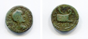 obverse: Gordianus III (238-244). Thrace, Coela. AE (3,58 gr. 19 mm.). D.\: Bare head of Gordianus right. R.\: Prow right, above cornucopia. Varbanov -.  qBB. R.