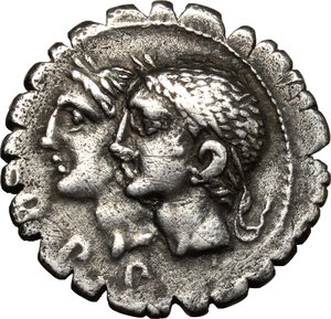 obverse: C. Sulpicius C.f. Galba.. AR Denarius, serratus, 106 BC