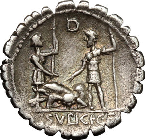 reverse: C. Sulpicius C.f. Galba.. AR Denarius, serratus, 106 BC