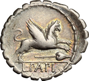 reverse: L. Papius.. AR Denarius Serratus, 79 BC