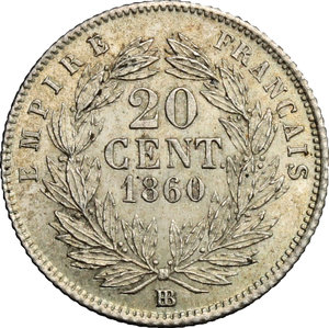 reverse: France.  Napoleon III (1852-1870).. AR 20 Cents, Strasbourg mint, 1860