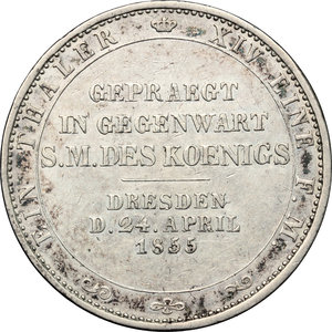 reverse: German States. Saxony.  Johann (1854-1873).. AR Vereinstaler, Dresden mint, 1855