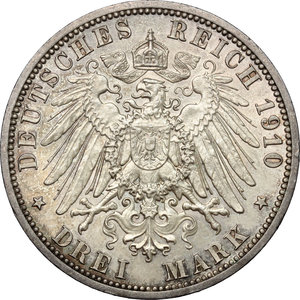 reverse: Germany. Saxe-Weimar..  Wilhelm Ernst (1901-1918).. AR 3 Mark, Berlin mint, 1910