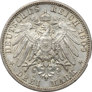 reverse: Germany.  Karl Günther, Fürst zu Schwarzburg-Sondershausen (1880-1909).. AR 3 Mark, Berlin mint, 1909