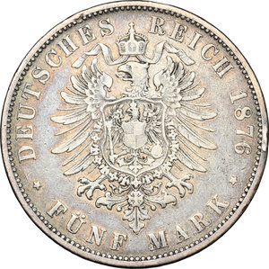reverse: Germany. Wurttemberg.  Karl III (1864-1891).. AR 5 Mark, Stuttgart mint, 1876