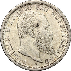obverse: Germany. Wurttemberg.  Wilhelm II (1891-1918).. AR 2 Mark, Stuttgart mint, 1907