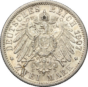 reverse: Germany. Wurttemberg.  Wilhelm II (1891-1918).. AR 2 Mark, Stuttgart mint, 1907