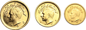obverse: Iran.  Mohamad Reza Pahlavi (1941-1979).. Lot of 3 AV coins including 1 Pahlevi, 1/2 Pahlevi and 1/4 Pahlevi