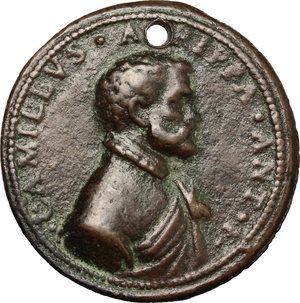 obverse: Camillo Agrippa (ca. 1535-1595), fencer, architect, engineer and mathematician.  AE Cast Medal, Italy, 16th century.   Obv. Bust right. Rev. Warrior seizes the figure of Fortuna. Attw. 964. Bargello 799.  AE.      44.00 mm. 46.46 g. Opuse: Giovanni Battista Bonini. Holed.  Fine.