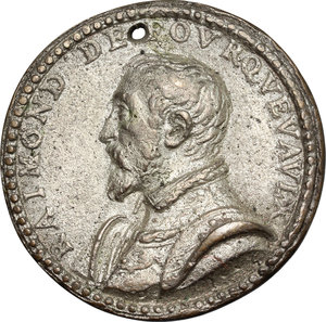 obverse: Raimond of Pavia (1509-1574), Baron of Fourquevaulx and Mario Sozzini (1482-1556), Jurist of Siena. Hybrid Medal, Italy, 16th century.   Obv. Bust of  Raimond de Fourquevaulx left. Rev. Bust of Sozzini right.  Tin. For obverse: Arm. I 198,56; Attw. 560. For reverse: Arm. I 207,117; Attw. 526.       54.00 mm. 74.46 g.  Opus: Pastorino de Pastorini. Holed.  About VF  The medal is probably a later cast from two unifacie medals.