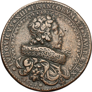 obverse: Louis XIII (1601-1643). AE Medal for the Passage of the Pas de Suze, France, 1629.   Obv. Bust  right. Rev. Hercules with the features of Luis XIII in mountainous landscape. Jones 176.  AE. 39.00 mm. 26.48 g. Opus: Jean Warin.  About VF  For the capture of La Rochelle.