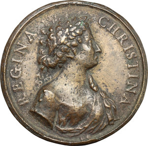 obverse: Queen Christina of Sweden (1632-1654).  AE Medal, Sweden, 1632-1654.   Obv. Bust right, draped. Rev. Lion decorated with costellation of Leo, with Cornucopiae, globe and rudder. Bargello 26a/26b.  AE.      59.00 mm. 91.38 g.  Opus: Maurizio Soldani.  About VF
