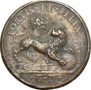 reverse: Queen Christina of Sweden (1632-1654).  AE Medal, Sweden, 1632-1654.   Obv. Bust right, draped. Rev. Lion decorated with costellation of Leo, with Cornucopiae, globe and rudder. Bargello 26a/26b.  AE.      59.00 mm. 91.38 g.  Opus: Maurizio Soldani.  About VF