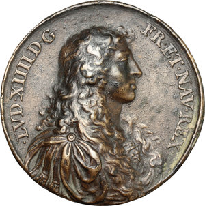 obverse: Louis XIV (1643-1715).  AE Medal commemorating the alliance between the King of France and Swiss Canton, France, 1663.   Obv. Bust right. Rev. Luis XIV receiving Swiss ambassadors in Notredame around an altar. Wund 3477. cf. Maz. Varin 41.  AE.      54.00 mm. 54.08 g.  Opus: Jean Warin. Posterior cast. Reverse picture is mirrored. Nice patina.  Good F