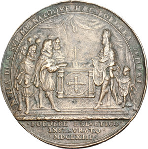 reverse: Louis XIV (1643-1715).  AE Medal commemorating the alliance between the King of France and Swiss Canton, France, 1663.   Obv. Bust right. Rev. Luis XIV receiving Swiss ambassadors in Notredame around an altar. Wund 3477. cf. Maz. Varin 41.  AE.      54.00 mm. 54.08 g.  Opus: Jean Warin. Posterior cast. Reverse picture is mirrored. Nice patina.  Good F