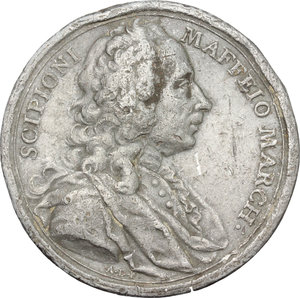 obverse: Francesco Scipione (1675-1755), Marchese di Maffei. Lead cast medal, Italy, 1755.  Obv. Bust right. Rev. Façade and prospect of Verona s theater and  Academia Philharmonica. Cf. Voltolina 1534. Lead. 54.00 mm. 79.70 g.  Opus: Jean Antoine d Assier.  About VF/Good F