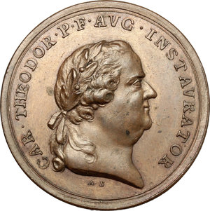 obverse: Charles Theodore (1742-1799), elector of Bavaria.  AE Medal, Germany, Pfalz, 1786.   Obv. Bust right, laureate. Rev. Minerva enthroned left. Stemper 591 (but AR). Witt. 2297 (but AR).  AE.      28.50 mm. 9.70 g.   About EF  For the 400th anniversary of the University of Heidelberg.