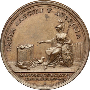 reverse: Charles Theodore (1742-1799), elector of Bavaria.  AE Medal, Germany, Pfalz, 1786.   Obv. Bust right, laureate. Rev. Minerva enthroned left. Stemper 591 (but AR). Witt. 2297 (but AR).  AE.      28.50 mm. 9.70 g.   About EF  For the 400th anniversary of the University of Heidelberg.