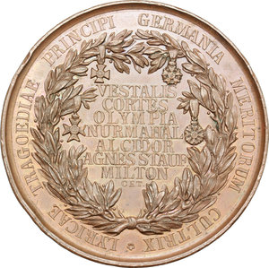 reverse: Gaspare Spontini (1774-1851).  AE Medal, Germany, Saxony, 1829.   Obv. Bust  three-quarter to left. Rev. Inscription in wreath. Sommer P34.  AE.      52.00 mm. 62.90 g.  Minor edge knocks, otherwise  about EF/Good VF  For the awarding of the honorary doctorate of the University of Halle.