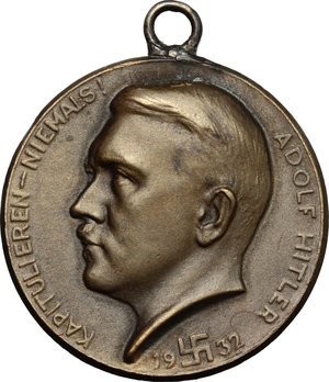 obverse: Adolf Hitler (1921-1945).  AE Medal, Germany, 1932.   Obv. Head of left. Rev. Blank.  AE.      28.00 mm. 11.96 g.  Looped.  Good VF  For the elections in 1932.