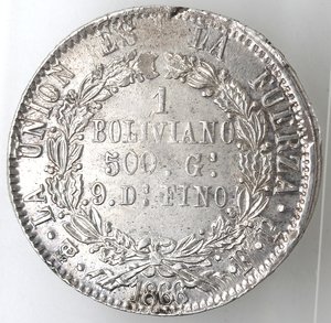 reverse: Bolivia. 1 Boliviano 1866. Ag 900. 