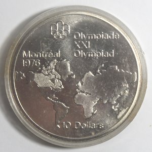 reverse: Canada. Elisabetta II. 10 Dollari 1973. Olimpiadi di Montreal 1976. Mappa del mondo. AG 925. 